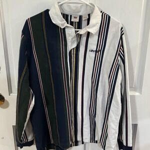 Levi's Men's Long-Sleeve Striped Rugby Polo - Navy, Green & White